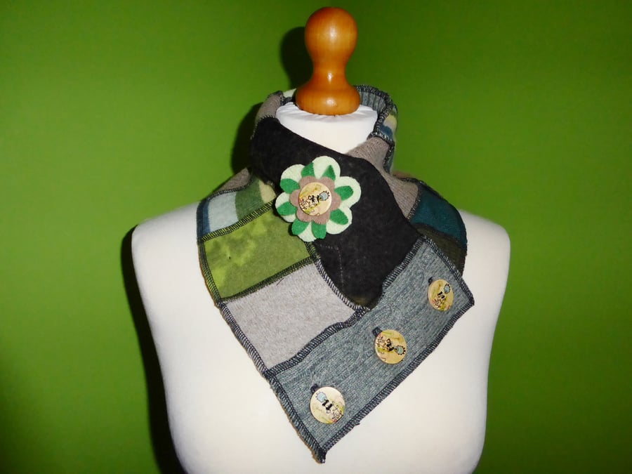 Neck Warmer Scarf with 3 button Trim. Upcycled Cowl. Felt Flower. Greens