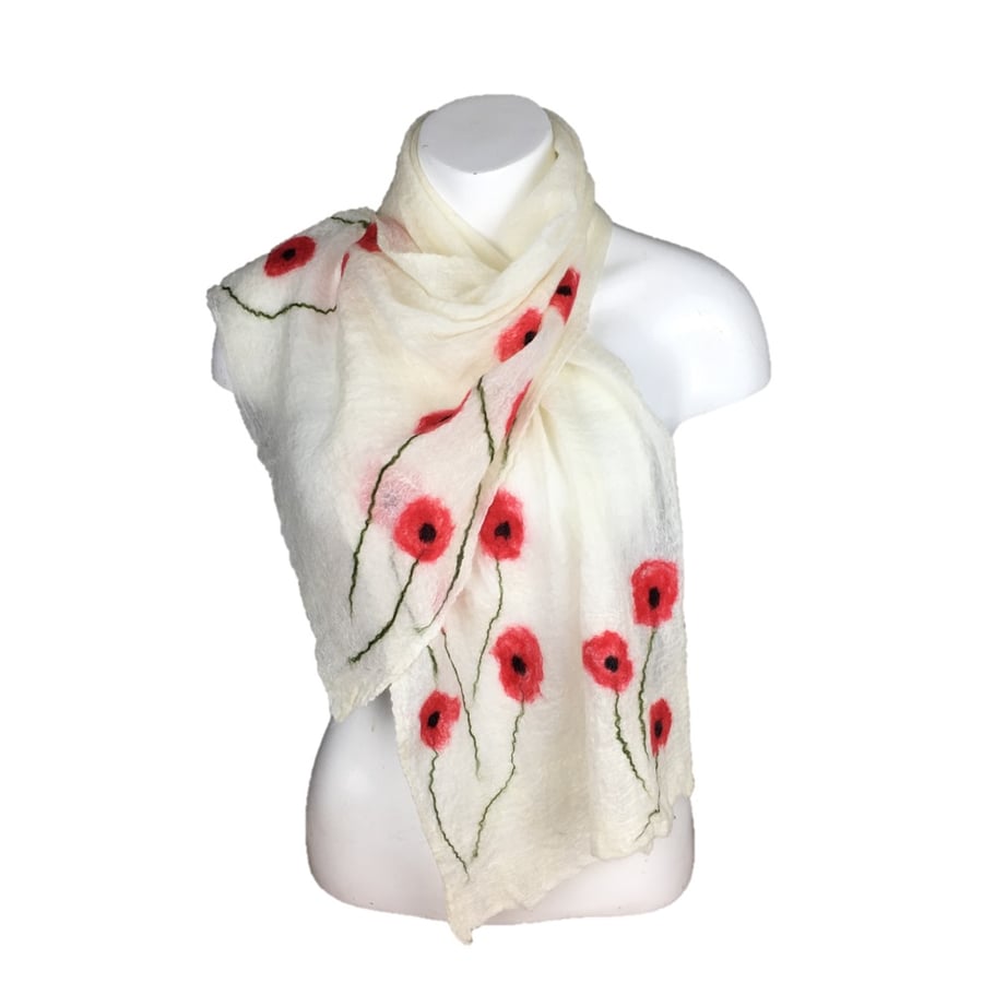 Nuno felted lightweight white scarf with poppies, merino wool on silk,gift boxed