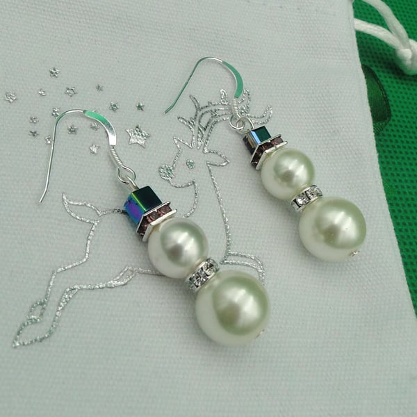 Sparkly Christmas Pearl Snowmen Earrings -  gift