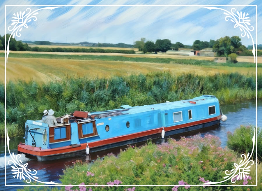 Blue Narrow Boat on The Fens A5 Greeting Card Norfolk 