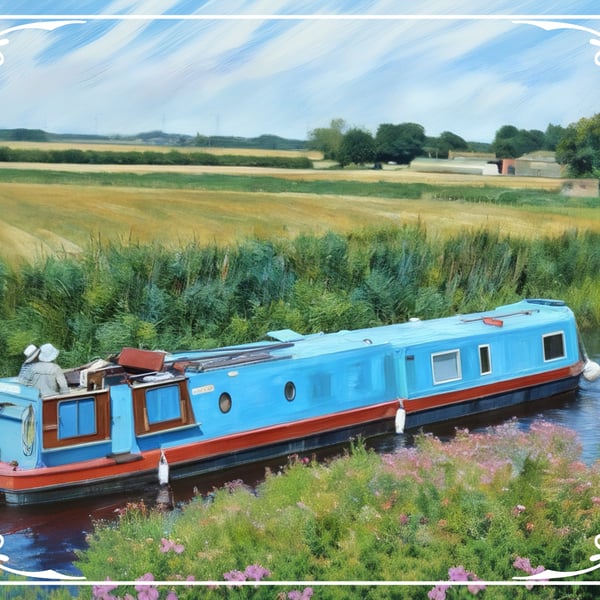 Blue Narrow Boat on The Fens A5 Greeting Card Norfolk 