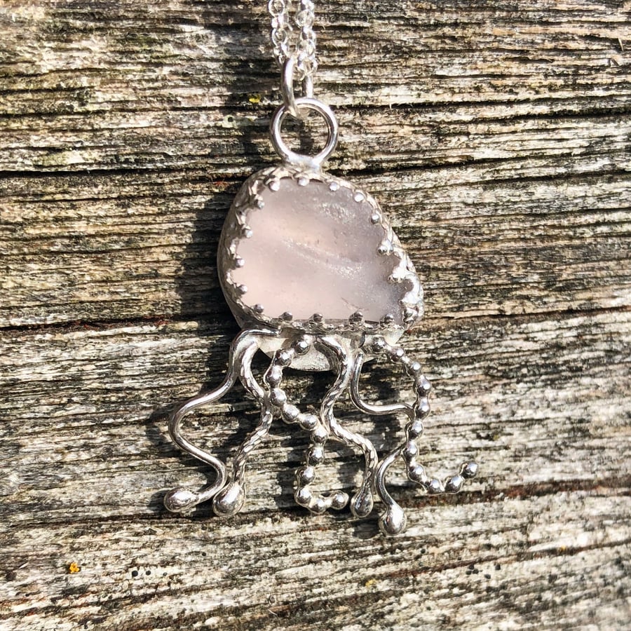 Pale Pink Sea Glass and Sterling Silver Jelly Fish Pendant - 1275