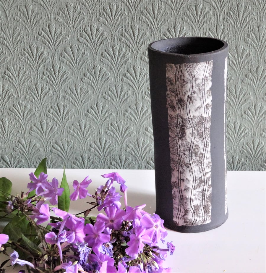 Jess.  Handmade matt black and white ceramic vase.  Abstract panels and stripes.