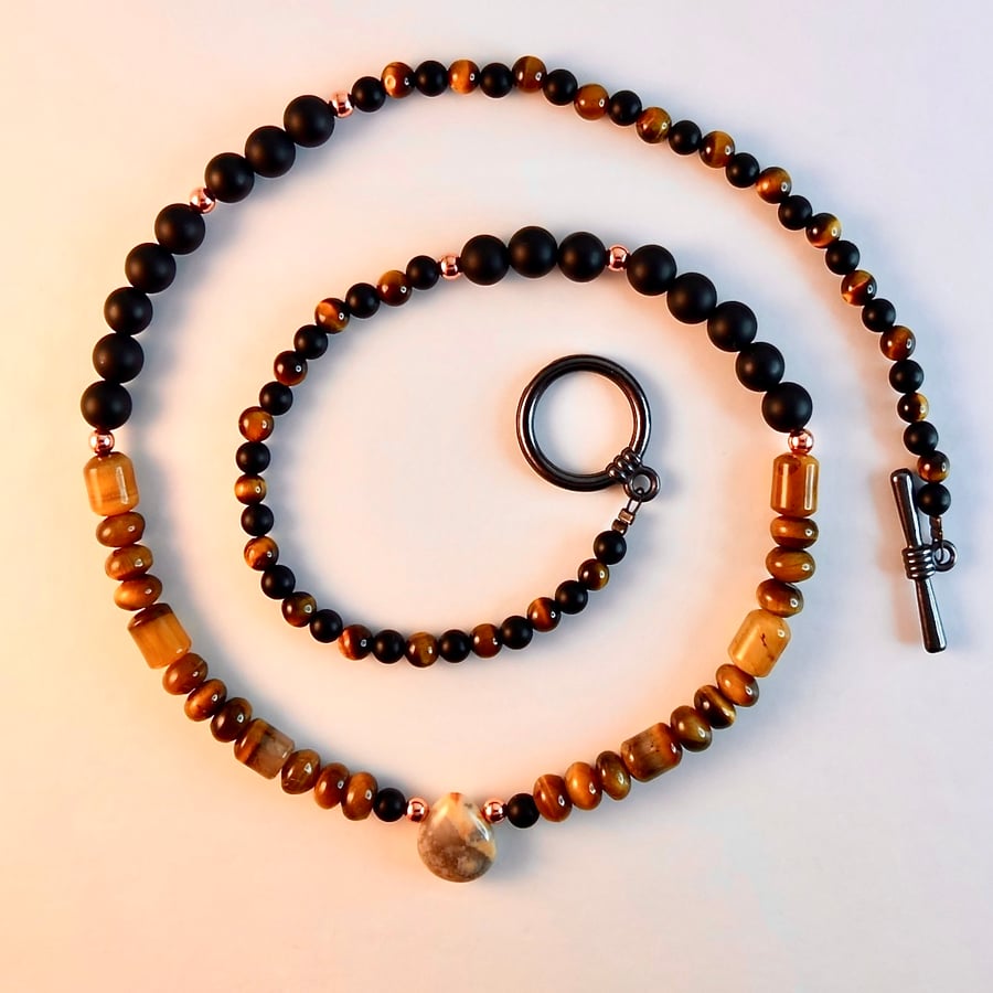 Tiger's Eye And Black Onyx Necklace With Agate And Copper - Handmade In Devon