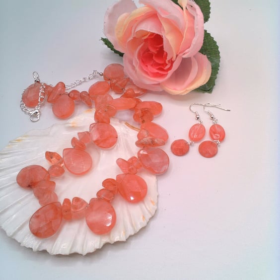 Raspberry Quartz Drop Bead and Chip Necklace and Earrings, Gift for Her