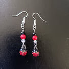 Beaded red, black and silver ladybird charm dangle earrings