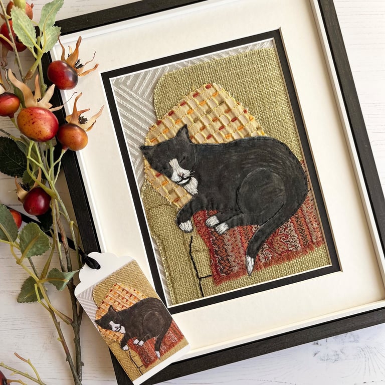 Hand sewn textile art cat picture - gift for cat lover, tuxedo cat