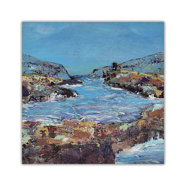 A framed Scottish coastal landscape painting - lighthouse and choppy sea 