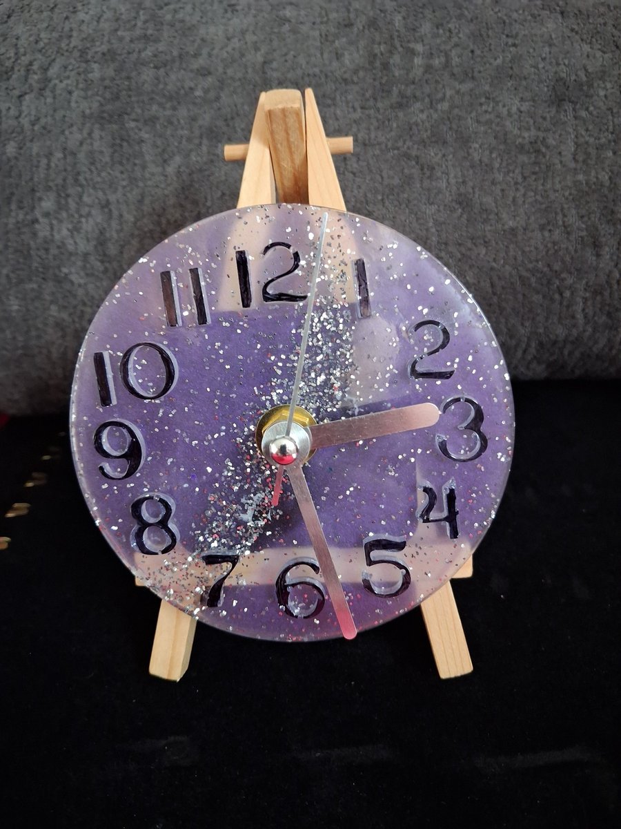 Handmade epoxy resin desk or mantel clock, wooden easel stand Battery operated.