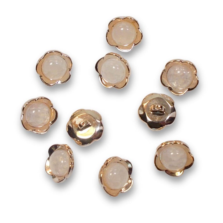 Gold faux metal and glass flower shank buttons 18mm approximately. Pack of 10