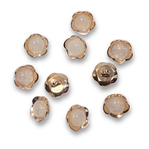 Gold faux metal and glass flower shank buttons 18mm approximately. Pack of 10