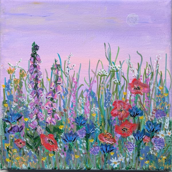 Small Original Wildflower Meadow Painting - Hand Painted Acrylic Floral Art