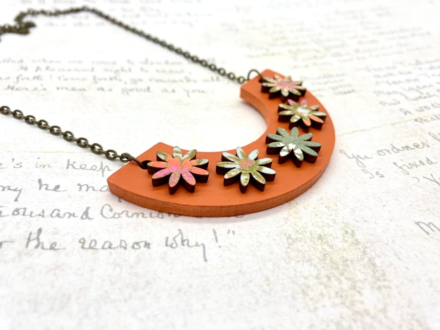 Orange, blue and green washi paper flowers curve wooden necklace