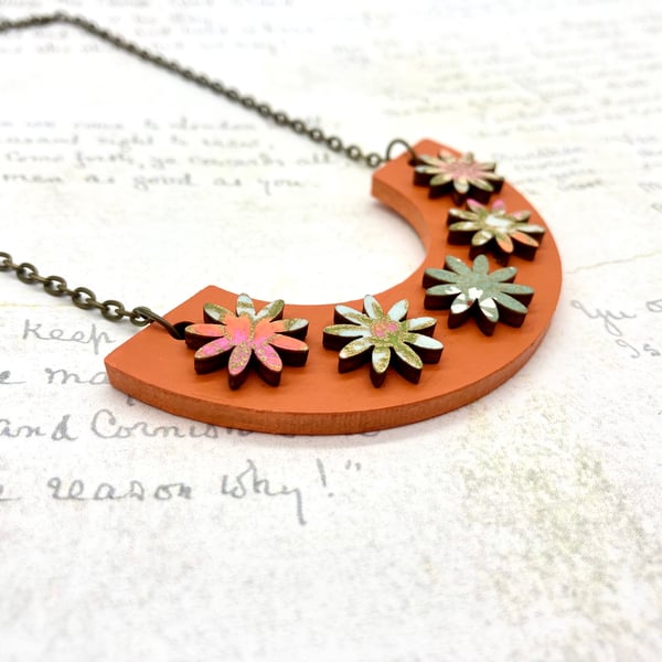Orange, blue and green washi paper flowers curve wooden necklace