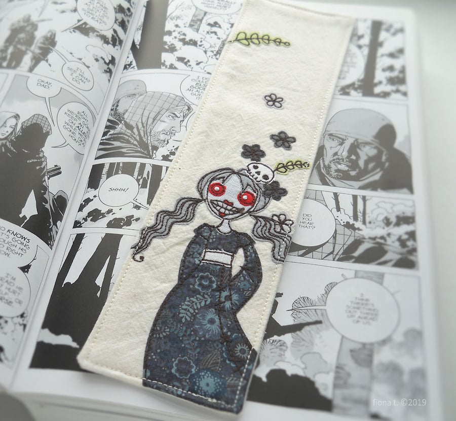 freehand embroidered zombie girl fabric bookmark - blue