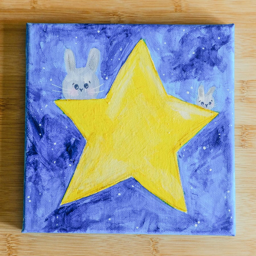 Stardust Bunny 3, original artwork, acrylic painted canvas for babies room. 
