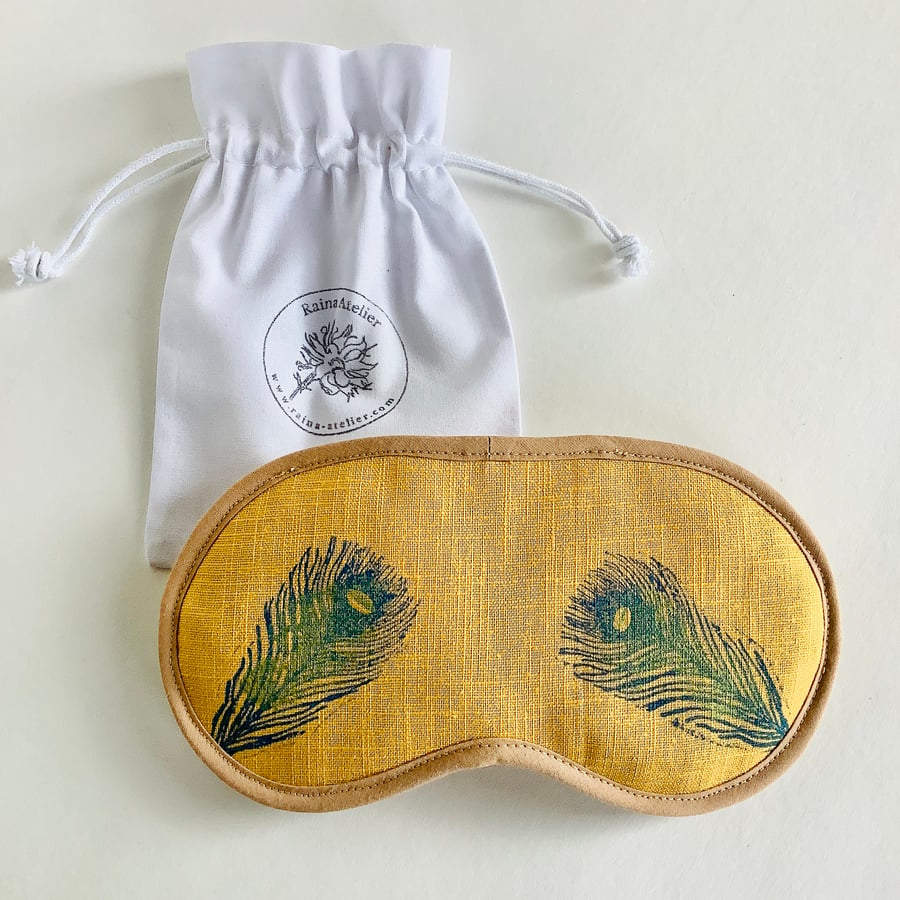 Peacock Feathers Linen Lavender Infused Eye Mask for Relaxation and Meditation 