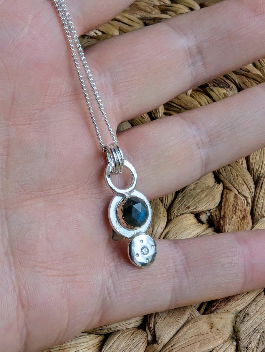 Recycled HANDMADE Sterling Silver and Gold Labradorite Diamond  Pendant