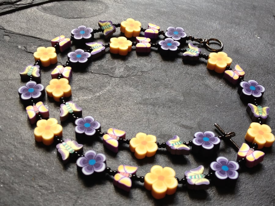 Spring Butterflies Polymer Clay Necklace 20 inches Crocus