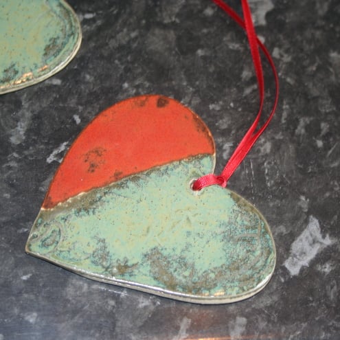 Handmade Heart Ceramic red & green  hanging decoration mothers day gift