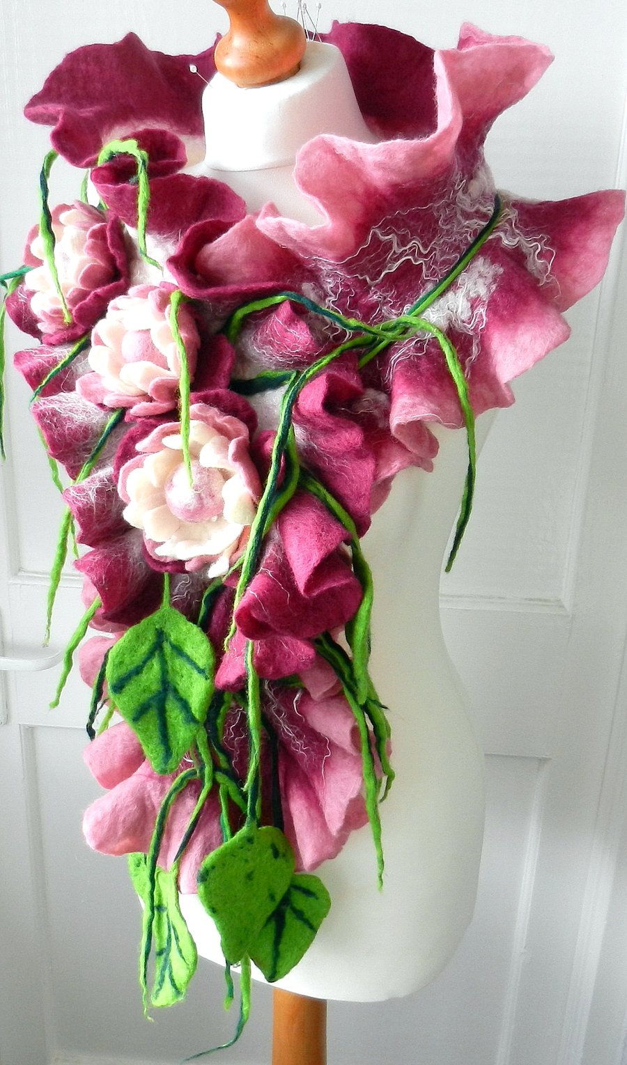 Hand Felted, Wool felted soft ART SCARF  -PEONY-