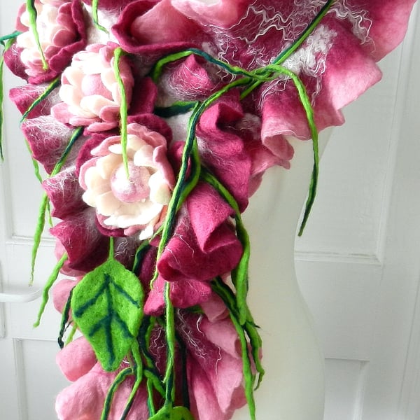 Hand Felted, Wool felted soft ART SCARF  -PEONY-