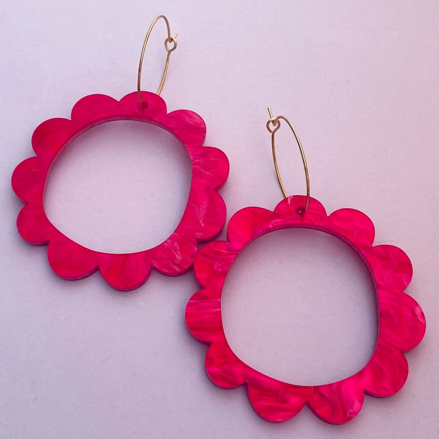 Big hot marble pink flower hoop earrings uniqu Folksy