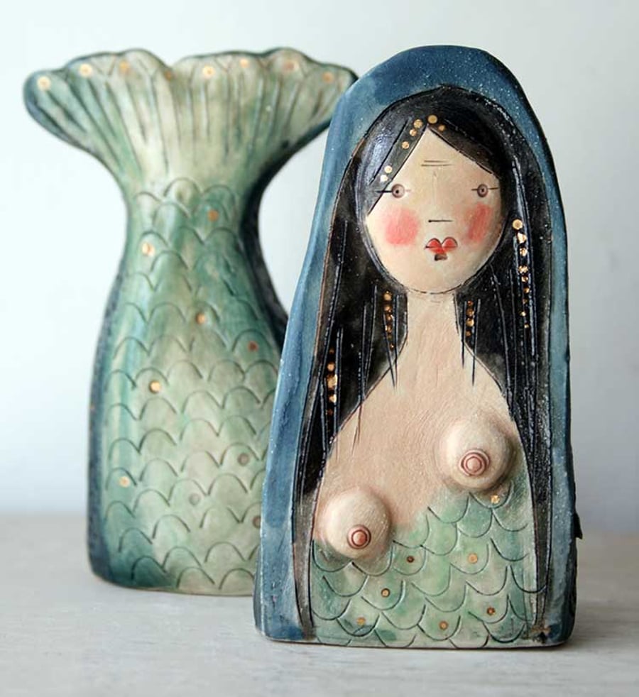 Ceramic sculpture - Mermaid of the Rocks - Siren in turquoise