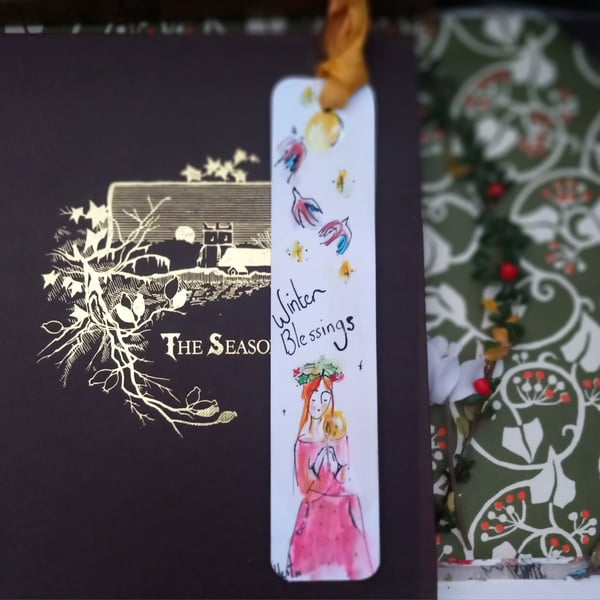 Hand drawn and painted book mark with silk trim 'winter blessings'