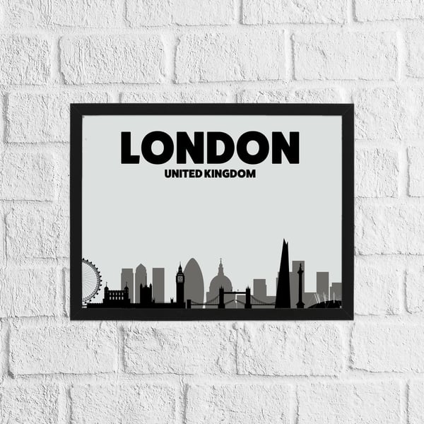 Skyline silhouette of London, United Kingdom, grey and black print, wall art