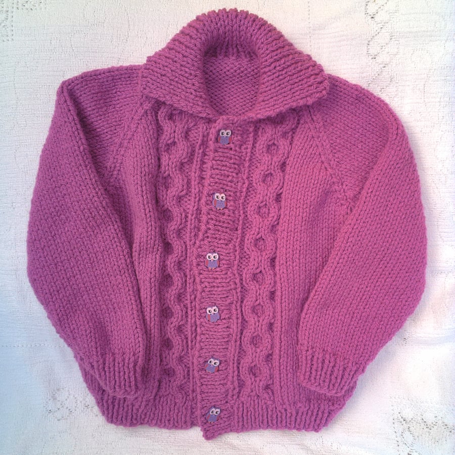 Round Neck Hand Knitted Cabled Cardigan in Chunky Yarn for a Girl, Gift for Girl