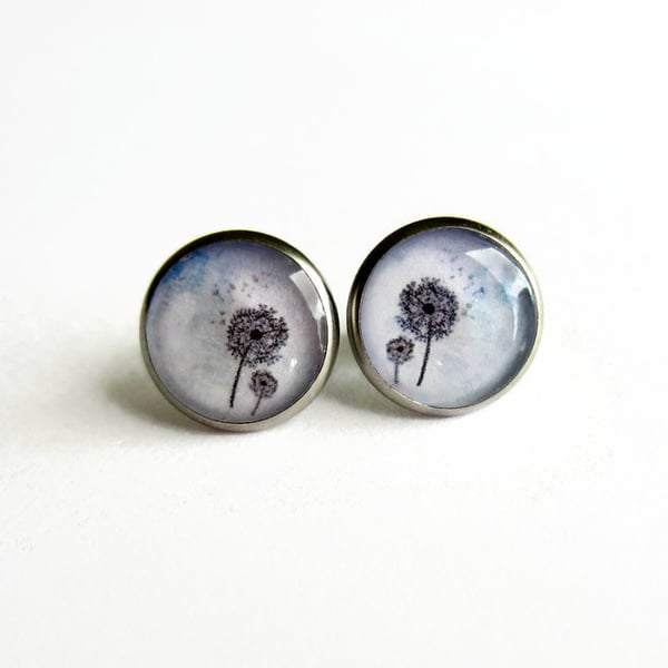 Lilac Blue Dandelion Resin Stud Earrings - Hypoallergenic