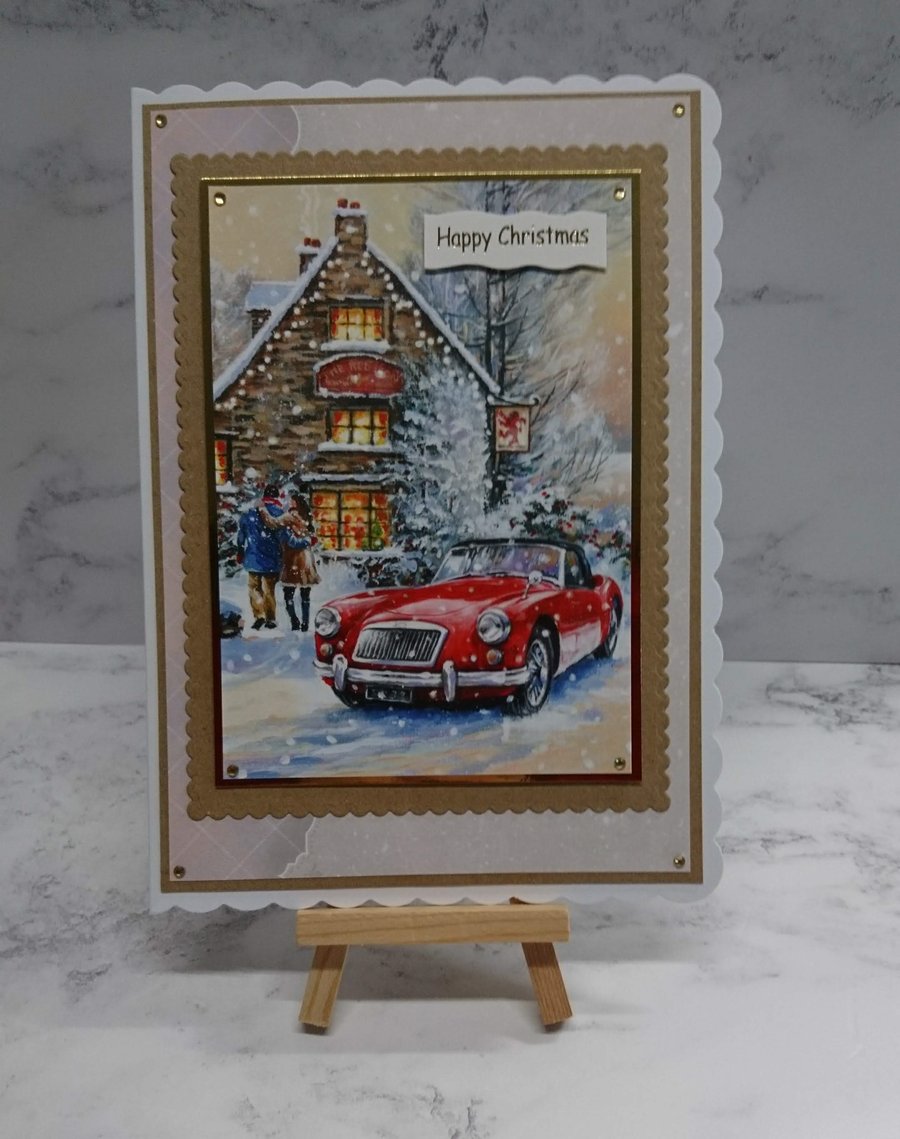 Christmas Card Red Sports Car Country Pub Christmas Couple 3D Luxury Handmade