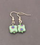 Czech Glass Green cubed earrings with a peacock pattern - Image 2