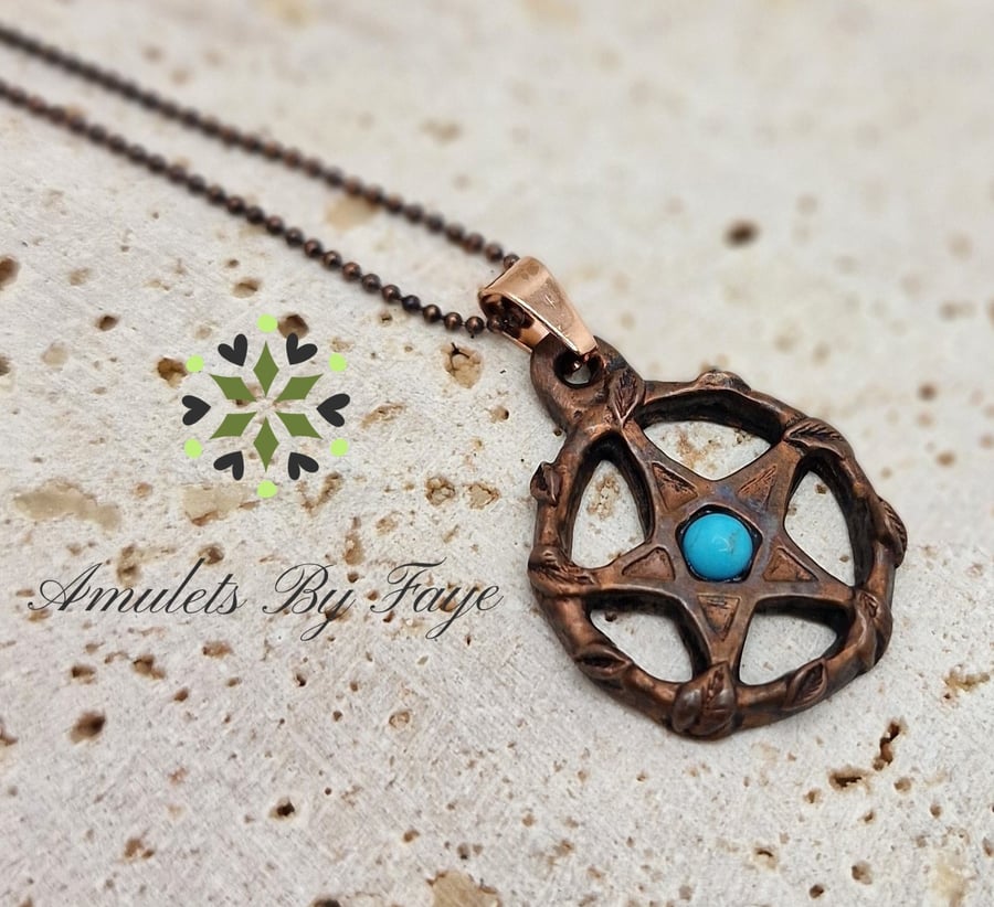 Copper Pentacle Surrounded by Leaves Pendant with Turquoise Gemstone Necklace.