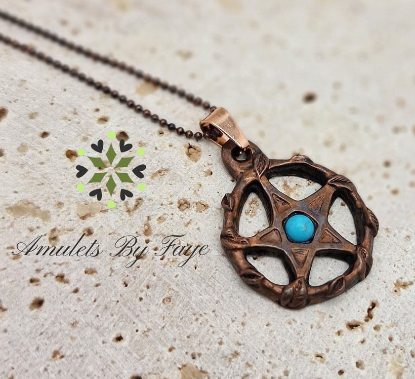 Copper Pentacle Surrounded by Leaves Pendant with Turquoise Gemstone Necklace.