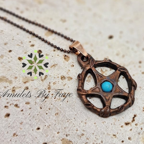 Copper Pentacle Surrounded by Leaves Pendant with Turquoise Gemstone Necklace.