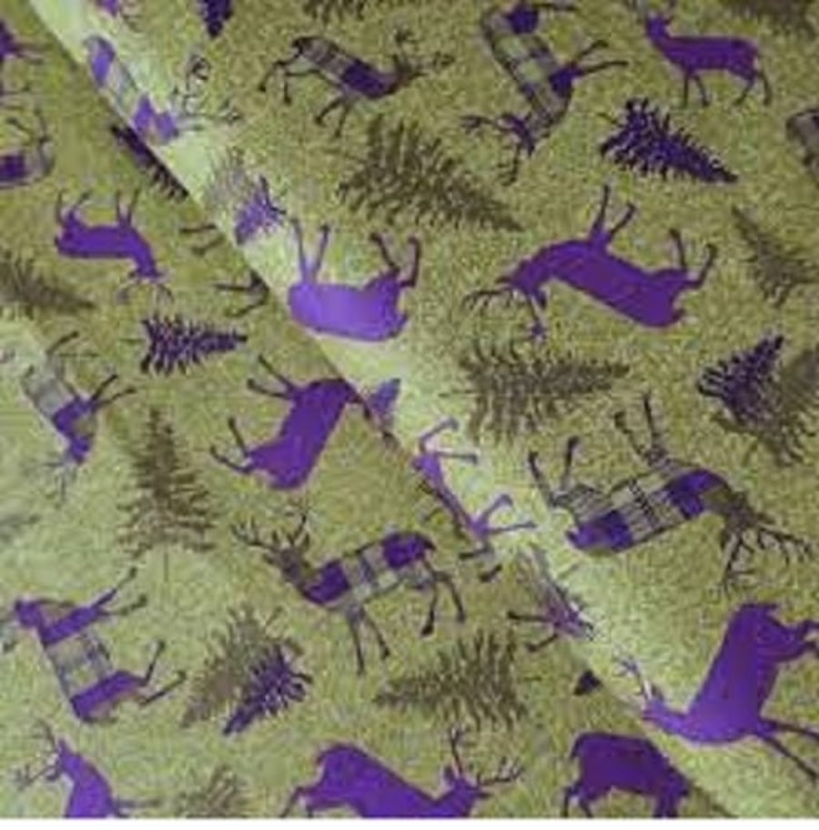 Fat Quarter Highland Celtic Stag And Trees On Green 100% Cotton Quilting Fabric