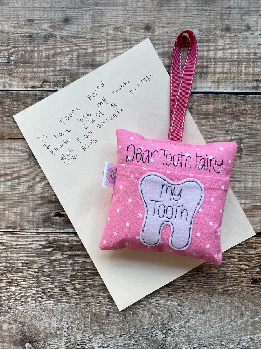 Tooth Fairy Pillow Cushion Bright Hot Pink White Stars