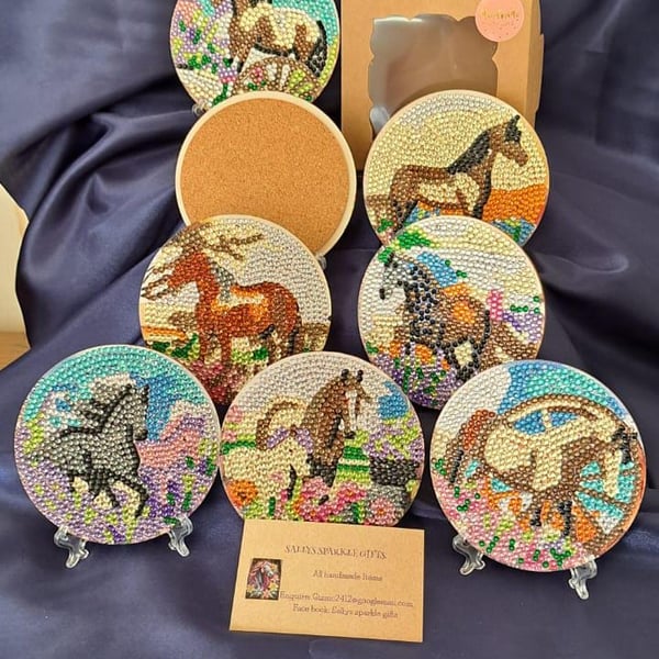 Diamond Art Coaster Set: Horse Design, Cork Base, Metal Stand