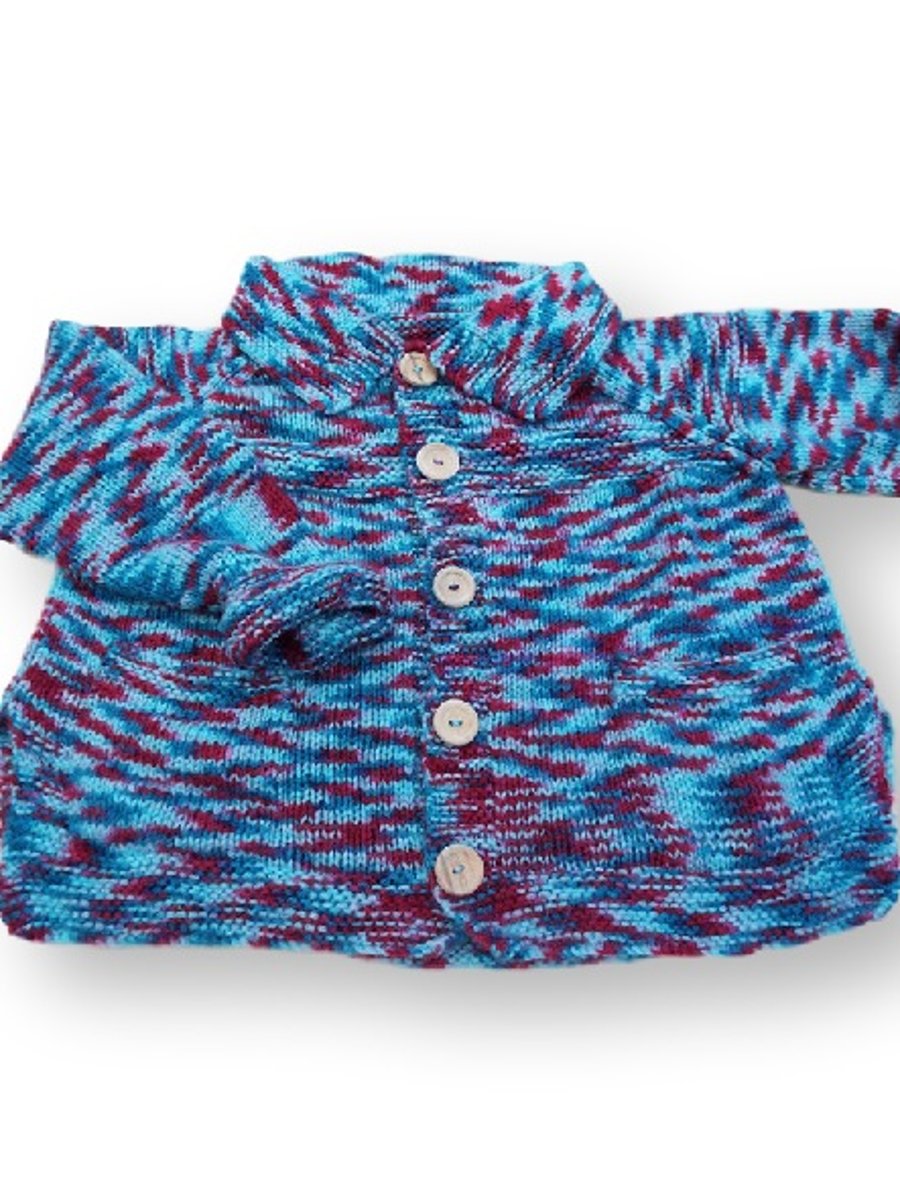 Hand knitted boys girls blue and red cardigan 6 - 8 years Seconds Sunday