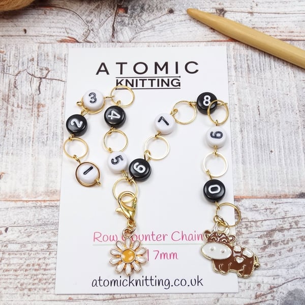 Row Counter Chain with White Number Beads, Enamel Brown Cow and Daisy