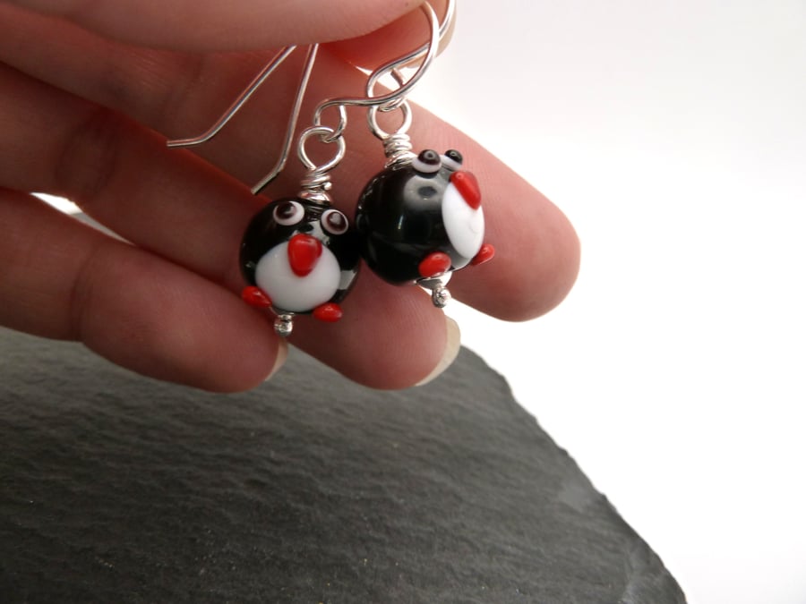 lampwork glass penguin earrings, sterling silver jewellery