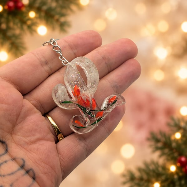 Handmade Resin Initial Letter Keyring with Real Pressed Flowers and Glitter