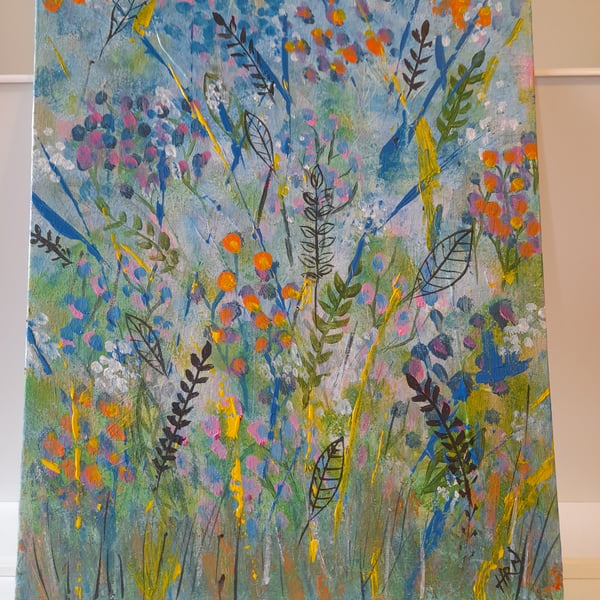 Original Acrylic Abstract wildflower painting on 12 x 16 inch canvas panel 