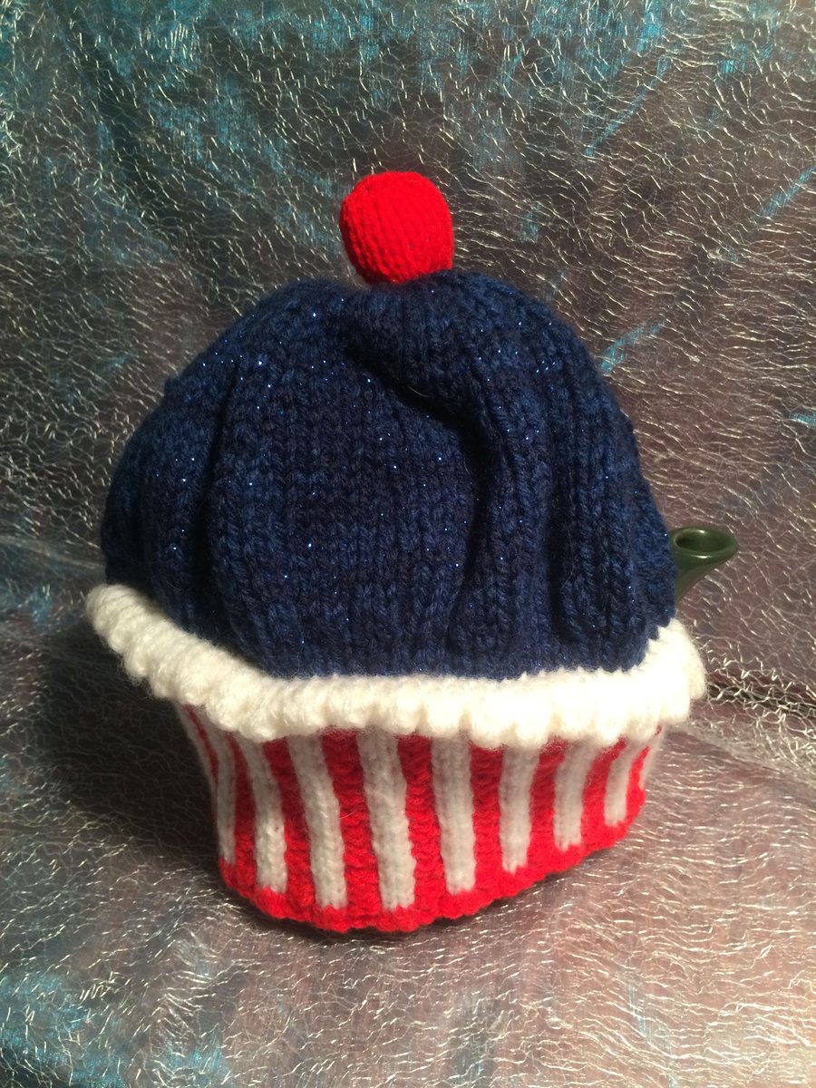 Red, White and Blue Large Knitted Cupcake Teapot Cosy