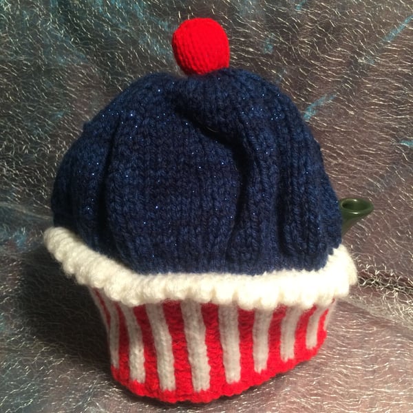 Red, White and Blue Large Knitted Cupcake Teapot Cosy