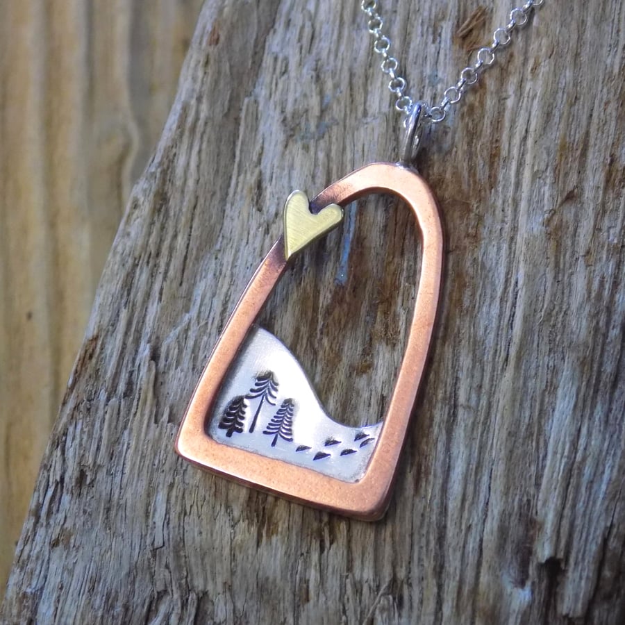 Copper and silver 'mountain path' mixed metals pendant 