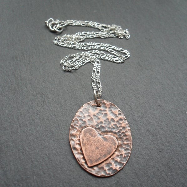  Copper Oval Heart pendant With Sterling Silver Chain Vintage Style
