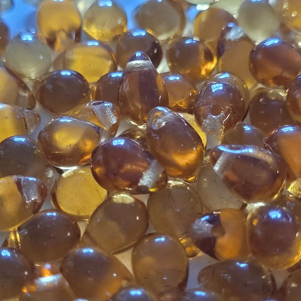 45g Amber Czech Glass Drop Beads 9mm